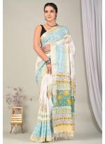 Pure Linen Cotton White Casual Wear Pure Hand Work Saree